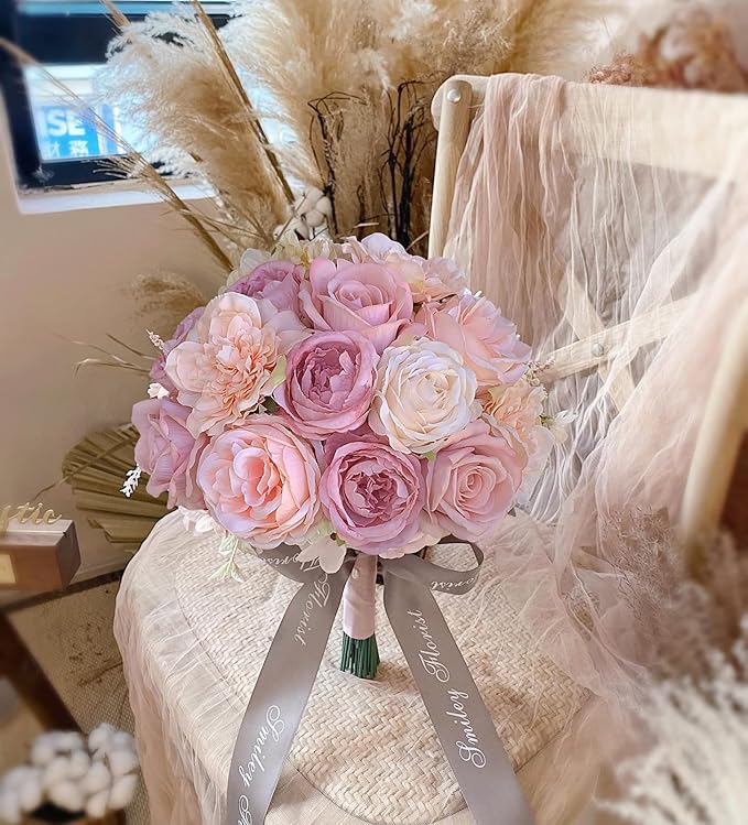 Roses Artificial Flowers Pink Bouquets Box Set Fake Flower Bulk for DIY Wedding Bridal Baby Shower Decorations Party Table Centerpieces Silk Floral Arrangements for Home Decor Indoor