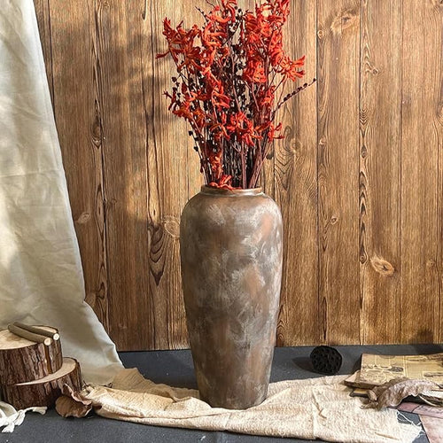 15 Inch Vintage Farmhouse Decor Ceramic Rustic Vase, Handmade Brown Flower Vases for Centerpieces, Living Room & Kitchen Shelf Decorative Pottery Vase for Home Decor