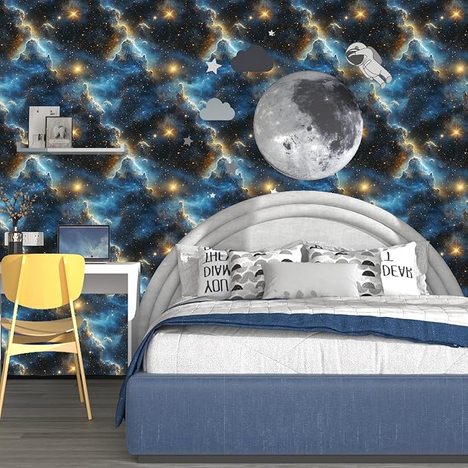Starry Night Sky Wallpaper Peel and Stick 17.4" x 118" Dark Blue Galaxy Contact Paper Modern Space Wallpaper for Bedroom Cabinet Bathroom Home Decor