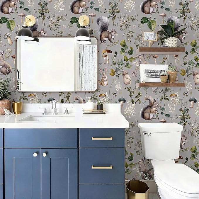 Whimsical Peel and Stick Floral Animal Wallpaper Squirrel Rabbit Removable Botanical Leaf 17.7" x 236.22" Wall Paper Watercolor Self Adhesive Contact Paper for Classroom Bedroom laundry room bathroom