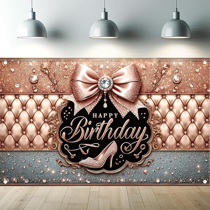 Happy Birthday Backdrop Banner Pink High Heels Birthday Photo Backdrop Photography Background Glitter Diamond Decorations Girl Sweet Party Banner Photo Booth 71 x 43 Inch