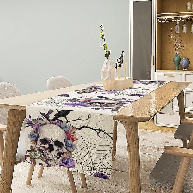 Gothic Floral Table Runner, Retro Dark Skull Spider Web Crow Flower Halloween Witchy Coffee Table Center Decor for Home Kitchen Dining Patio Holiday Party Table Decorations 13x72 inches