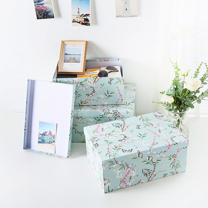 Soul & Lane Butterflies in Flight Photo Storage Boxes (Set of 3): Nesting Boxes with Lids, Floral Decorative Cardboard Containers, Paperboard Picture Storage for Photos, Nature Decor Cartons