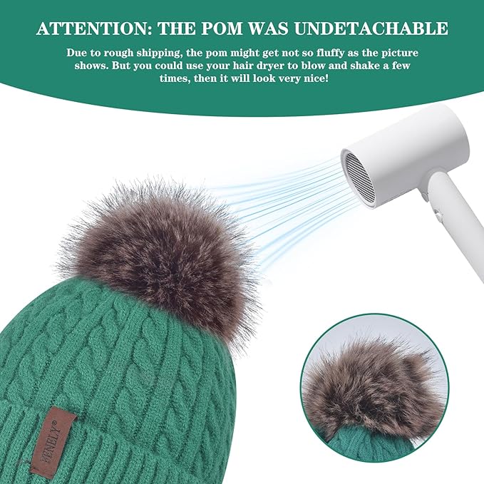 FENELY Women's Knitted Warm Beanie Winter Hat, Warm Chunky Snow Hat with Pompom