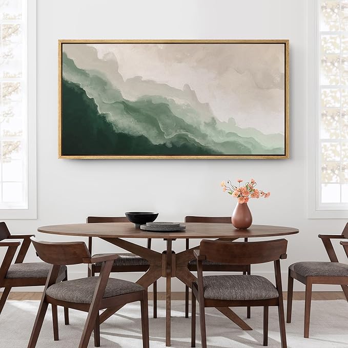 SIGNFORD Extra Large Framed Canvas Print Wall Art Abstract Green Wave Nature-Inspired Illustrations Modern Art Relax/Calm for Living Room, Bedroom, Office - 60"x30"