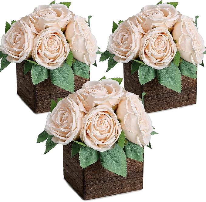 Dining Table Centerpiece Set of 3 - Pre-Made Aritifial Rose with Wooden Vase Fake Floral Arrangment Faux Flower for Wedding Bridal Tea Party Event Decorations - Champagne