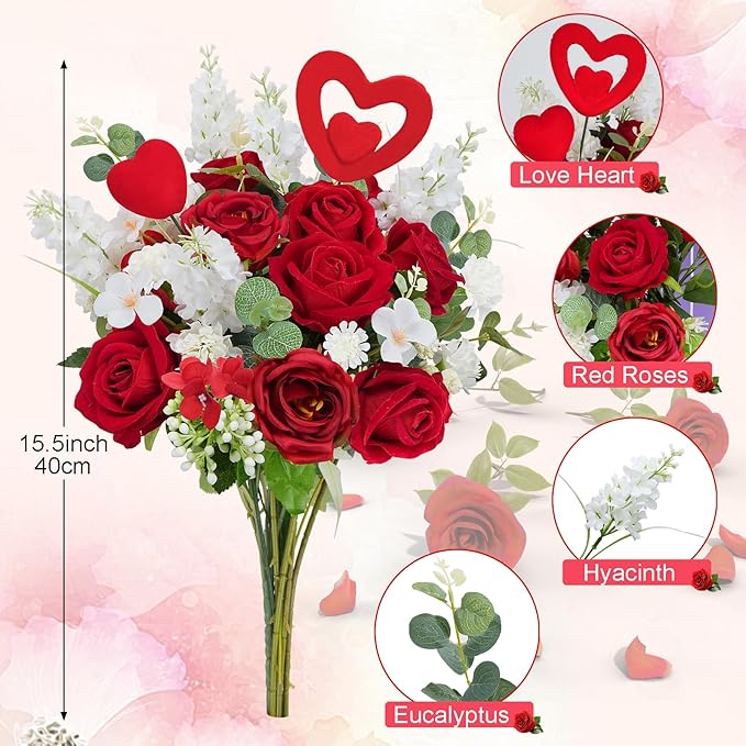 HUAESIN Artificial Rose Bouquet Faux Flower Stems Fake Rose Hyacinth with Red Heart Picks Spring Fake Floral Arrangements Indoor for Home Table Anniversary Valentine’s Decorations Outdoor
