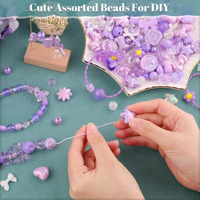 Assorted 200-260PCS Purple Acrylic Beads for Bracelet Making, Flower Bow Candy GummyBear Bracelet Charms,Cute Beads for Jewelry Making DIY Necklace Keychain Phone Charm Christmas Gift