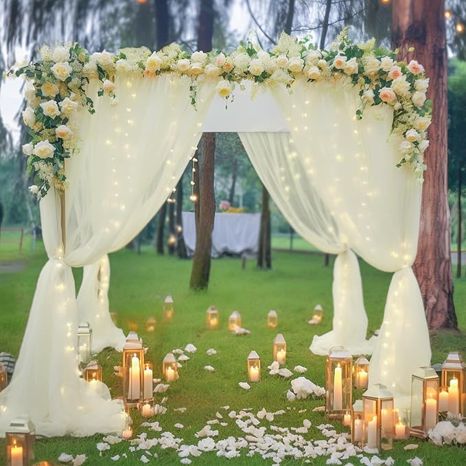 20ft x 10ft Ivory Backdrop Curtain with Lights String for Parties, Sheer Tulle Wedding Photo Backdrops Drapes for Baby Shower Birthday Party Decorations Background for Photography