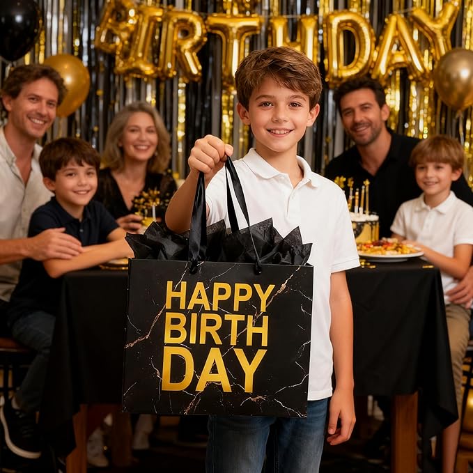 ASYEHJNR 13" Large Size Black Gold Birthday Gift Bag Marble with Metallic Gold Happy Birthday Sign Gift Bag with Greeting Card and Tissue Paper for Boy Men Bday Supplies