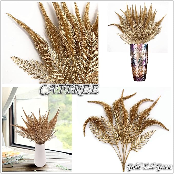 CATTREE Christmas Artificial Plants, Plastic Golden Grass Faux Shrubs Fake Leaves Simulation Setaria Bushes for Home Indoor Outdoor Wedding Hall Table Planter Filler DIY Cut Decorations - Gold 3 Pack