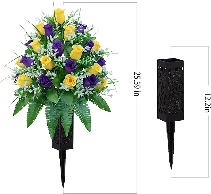 Artificial Cemetery Flowers, Gravesite Decoration Roses, Memorial Bouquets with Cemetery Vase, Vibrant and Long-Lasting Colors （ Yellow+Purple, 2 Bundles