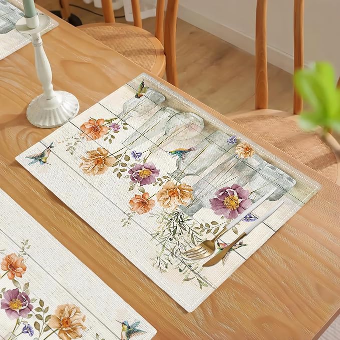 Floral Placemats Set of 6 Flower Hummingbird Table Mats Washable Place Mats for Home Party Indoor Kitchen Dining Table Decoration 12x18 Inch
