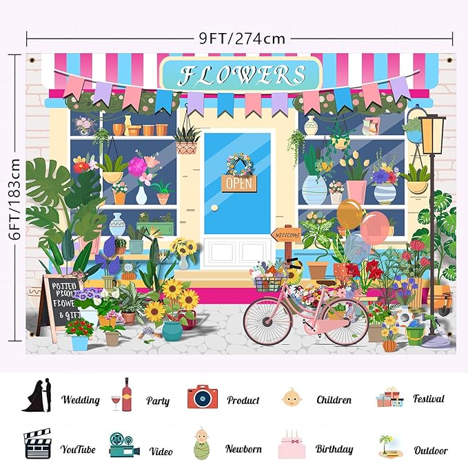 HANYING 9x6ft Cartoon Spring Flowers Backdrops for Photoshoot Floral Pot Plants Gardening Bicycle Photo Background Gifts Florists Girl Birthday Baby Shower Party Decor Banner Photo Booth HY030DX