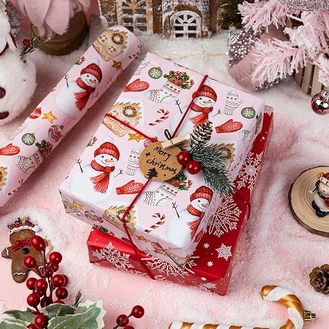 MAYPLUSS Christmas Wrapping Paper Roll - 17 Inch X 33 Feet - Cute Snowman Christmas Hat Gloves Reversible Snowflake Gift Wrapping Paper, Thick Wrap Paper for Holiday Party New Year Kids