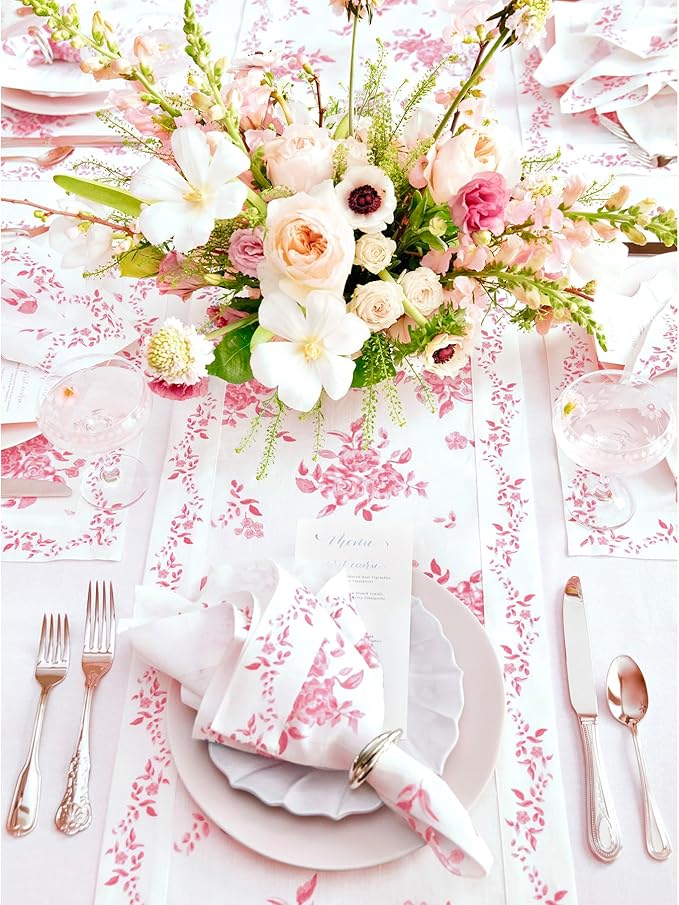 Solino Home Pink Floral Print Table Runner 108 Inches Long - 100% Pure Linen Table Runner 14 x 108 Inch - Handcrafted and Machine Washable - Jolie Fleur Print