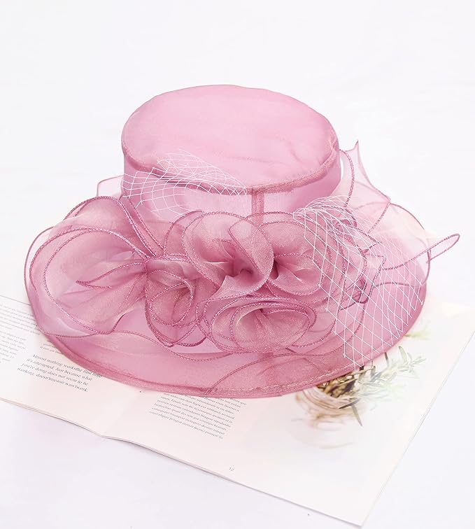 Organza Derby Hats for Women Wide Brim Fascinator Hat Rose Flower Wedding Tea Party Hat
