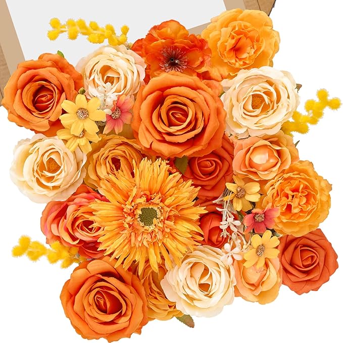 Serwalin Artificial Fall Flowers, Orange Silk Fake Flowers with Stems, Autumn Sunflower Faux Flowers for Wedding Bridal Baby Shower Party DIY Craft Home Cake Decoration
