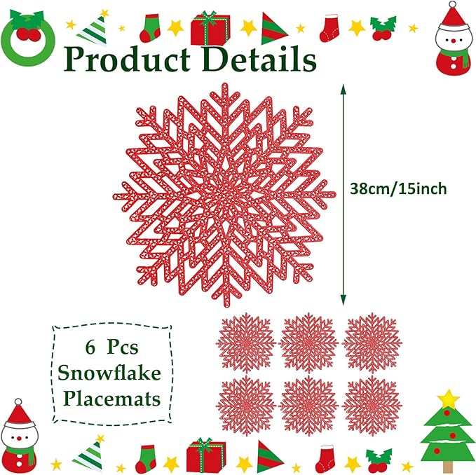 Snowflake Placemats Set of 6, Washable Christmas Placemats Snowflake Tablemats Hollow Out Round Vinyl Place Mats for Dining Table Setting Kitchen Table Mats Christmas Decoration(Red Snowflake)