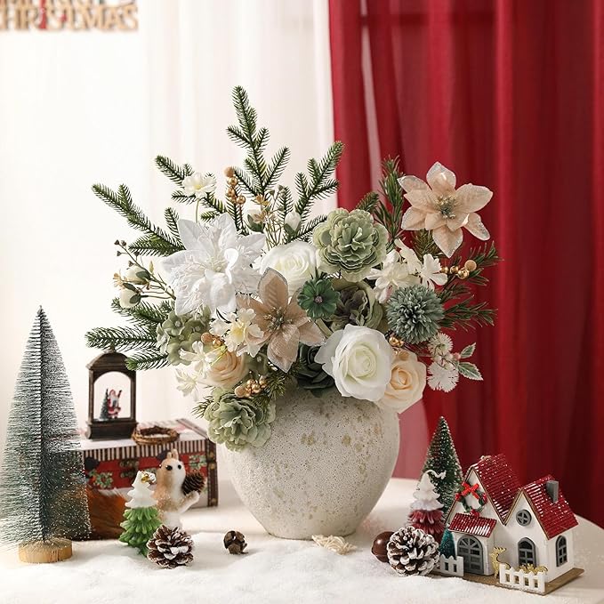 Christmas Artificial Flowers Set with White Poinsettia, Fake Roses and Greenery for DIY Christmas Decor - Wreath, Tree Ornaments, Wedding Bouquets, Centerpieces, Home Floral Arrangemen