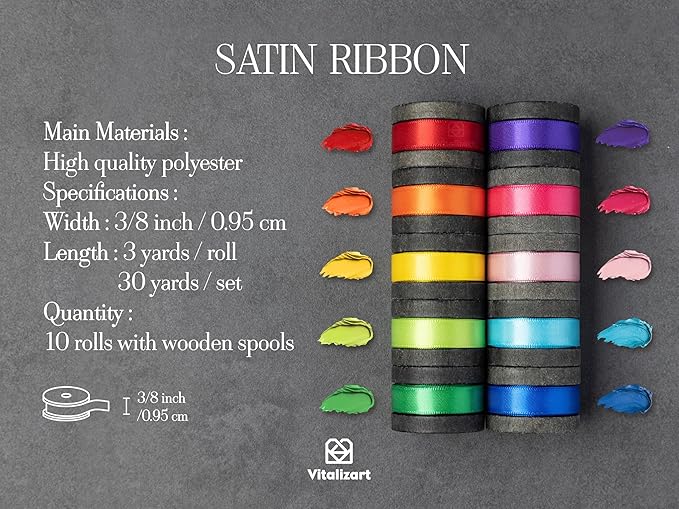 Vitalizart Satin 3/8 Inch Rainbow Ribbon for Gift Wrapping Crafts Assorted Fabric Silk Ribbon for Hair Flower Bouquet Wedding Balloon 30 Yards