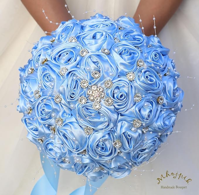 Bridal Wedding Bouquet Round Bling Brooch Bouquet Throw Toss Artificial Rose Flower Bunch for Bride Bridesmaid Wedding Quinceanera(Light Blue, 8.7")