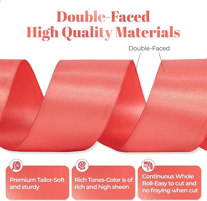 Coral Satin Ribbon, Double Faced 2 Inch X 50 Yards Coral Ribbon, for Gift Wrapping, Crafts, Hair Bow Making, Sewing, Flower Bouquet, Wedding Party Decor