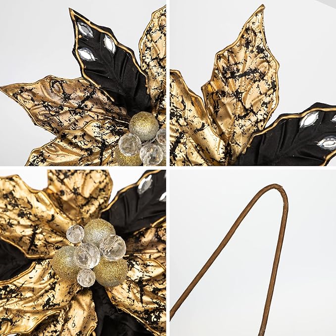 Hollyone 3PCS Poinsettia Christmas Flowers Artificial 11" Large Black and Gold Glitter Poinsettia Flower Christmas Tree Ornaments Floral Picks for Tree Wreath Garland Vase Table Centerpiece Home Decor