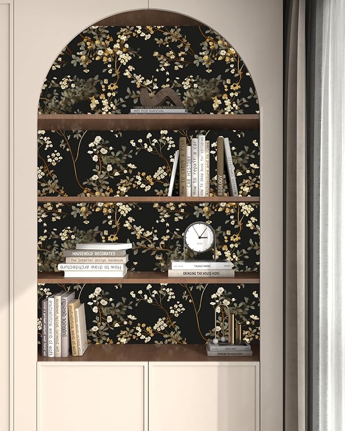 Black Floral Wallpaper Classic Leaves Wall Paper 17.4" x 118" Dark Moody Contact Paper Vintage Chinoiserie Watercolor Self Adhesive Covering for Bedroom Bathroom Cabinet Home Decor Beige Gold