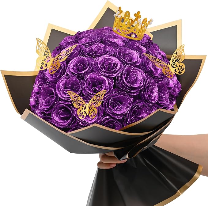 Waipfaru 36 Pcs Glitter Roses Bouquet, DIY Fake Flowers Bouquet, Artificial Purple Rose Bouquet for Valentines, Mothers Day Gifts, Anniversary, Engagement, Wedding