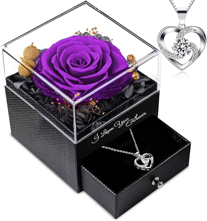Gifts for Mom Birthday, Preserved Real Purple Rose with Necklace, Eternal Roses Forever Flowers Gifts for Women Girlfriend Mom Grandma Wife Mother's Day Birthday Anniversary