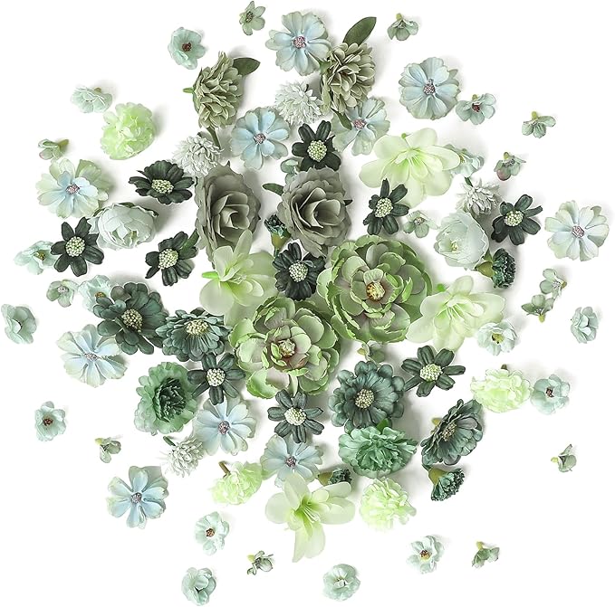 Floroom Mini Artificial Flower Heads Sage & Olive Green Fake Peony Daisy Rose Multicolor Small Faux Silk Flower Heads for Cake Craft Garland Wedding Party Graduation Cap DIY Home Decoration, 0.8"-3.6"