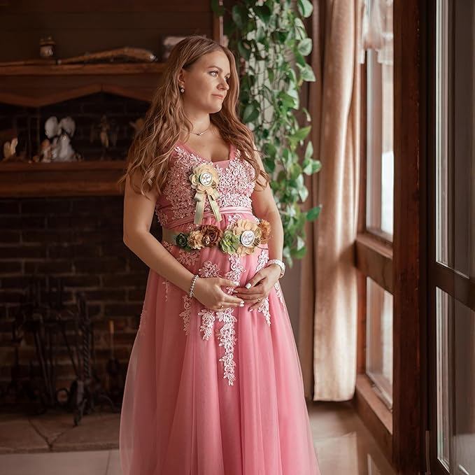 Baby Shower Maternity Sash Belly Belt-Pink Flower Sash Set Mom to Be & Dad to Be Corsage Pins for Gender Reveal
