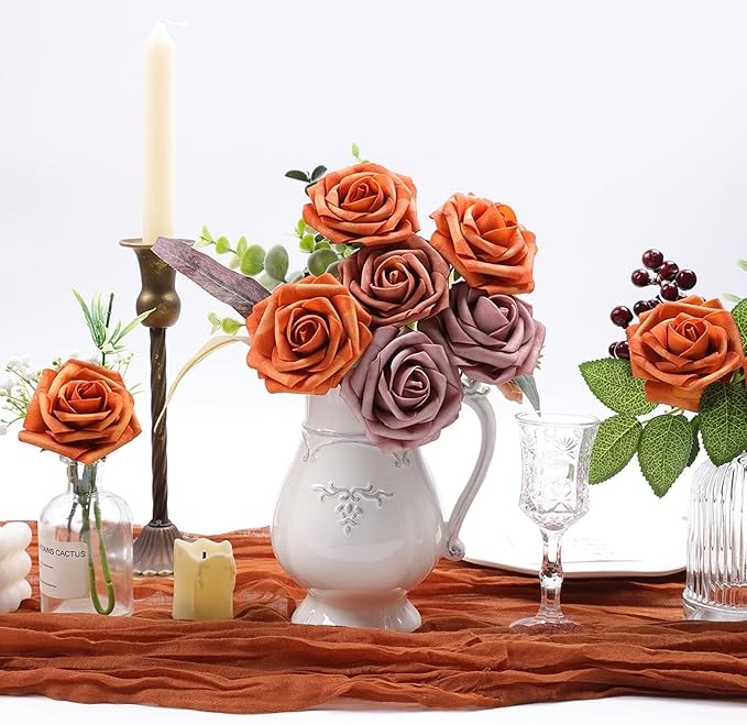 Meldel Artificial Flowers 25pcs Real Looking Burnt Orange Foam Fake Roses with Stems for DIY Wedding Bouquets Bridal Shower Centerpieces Floral Arrangements Home Decorations
