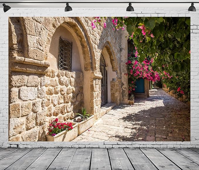 9x6ft Fabric Old Stone Street Backdrop Jerusalem Ancient Narrow Street with Blooming Flowers Israel Background Ancient Stone Wall Backdrop Photoshoot Studio Props
