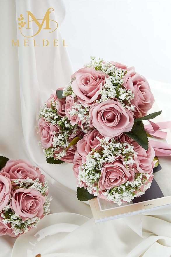 Meldel 6.5 Inch Bridesmaid Bouquet Set of 6, Wedding Bouquets for Bridesmaids, Rose Bridesmaid Bouquets for Wedding, Artificial Wedding Bouquet Flower, Floral Wedding Centerpieces