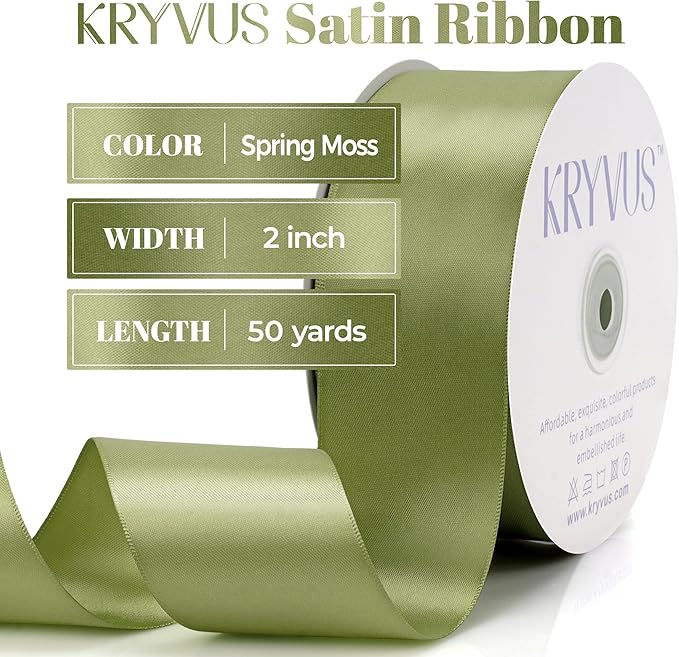 Moss Green Satin Ribbon, Double Faced 2 Inch X 50 Yards Moss Green Ribbon, Premium Satin Ribbon for Gift Wrapping, Crafts, Hair Bow Making, Sewing, Flower Bouquet, Wedding Party Decor