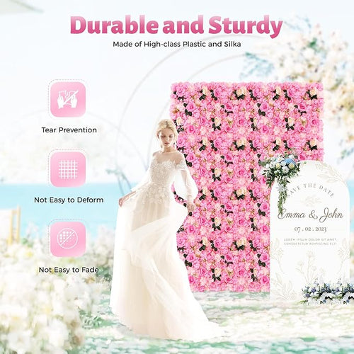 12 Pcs Artificial Flower Wall Panels, 24"x16" 3D Pink Silk Dahlia Hydrangea Rose Flowers Wall Backdrop Artificial Silk Fabric Flower Banquet Wedding Party Decor for Stage Background (Type 2)