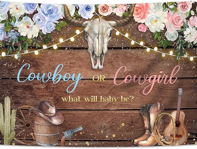 SVBright Cowboy or Cowgirl Gender Reveal Backdrop 7Wx5H Western What Will Baby Be Rustic Wooden Floral Cactus Hat Boots Country Baby Shower Decorations Photography Background Banner Photo Booth Studio