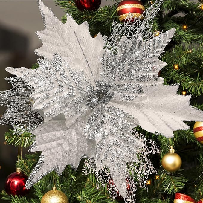 10'' Large Christmas Glitter Poinsettia Flowers Decorations, stadeco 10 Pcs Christmas Tree Picks Ornaments Artificial Flowers with Long Stems for Xmas Tree Wreath Garland Wedding Party DIY Decor