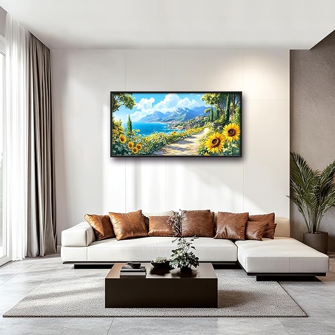 Coastal Sunflowers Large Wall Art Framed Wall Decor for Living Room Ocean Coast Pictures Oversized Canvas Print Painting Modern Extra Large Framed Artwork for Bedroom Office Home Decor 60"x30"