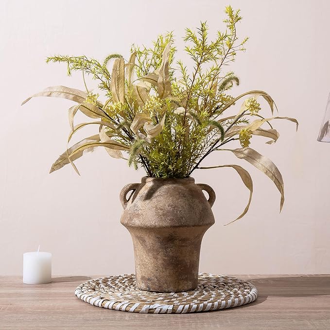 Ceramic Vase with Handle - 7 in Rustic Flower Vase - Terracotta Vintage Vases Christmas Decorative for Home Decor, Farmhouse Living Room Shelf Decor Farmhouse Table, Lyeec