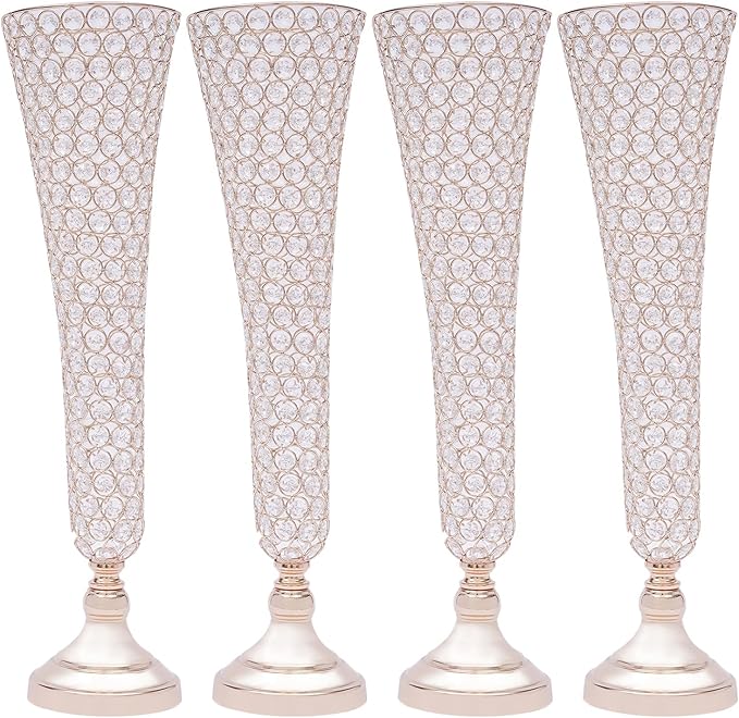 4 Pcs 21 Inch Tall Gold Crystal Vase for Centerpieces, Wedding Christmas Metal Crystal Trumpet Flower Vase Stand for Table Floor Party Banquet Celebration