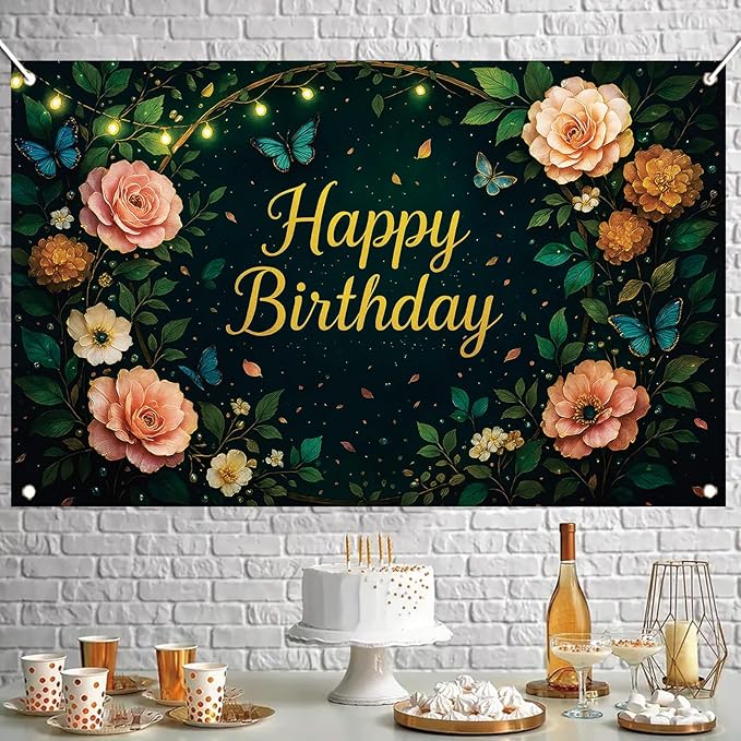 Greenery Birthday Backdrop Sage Green Floral Butterfly Banner String Lights Party Decorations Photography Background for Women Girls Birthday Supplies Photo Booth Prop 71 x 43 Inch