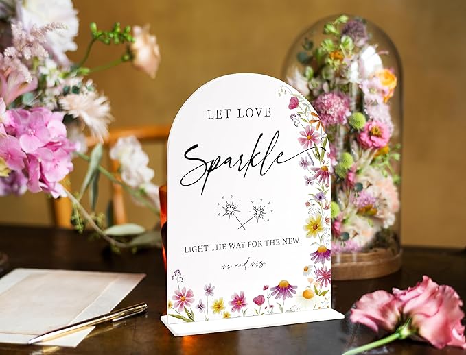 Wedding Sparklers Send Off Sign 6x8 Inch, Wild Flower Arch Acrylic Wedding Signs for Reception, Love Is In Bloom Bridal Shower Floral Engagement Party Decorations