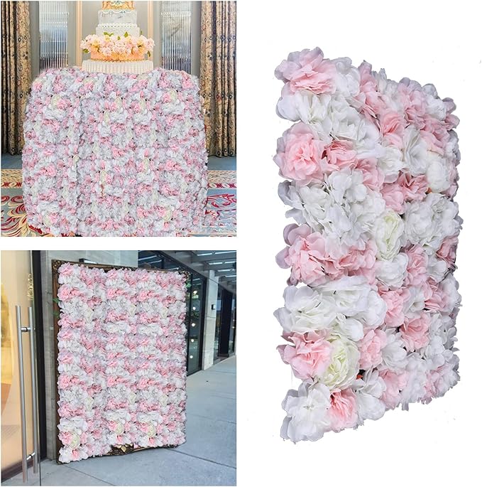 12Pcs 15.75" x 23.62x 0.79 Artificial Flower Wall Panels,Flower Wall Mat Silk Flower Panels for Outdoor Garden Backyard Fence Fence Privacy Screen and Indoor Wall Decor(12Pcs White+Light Pink)