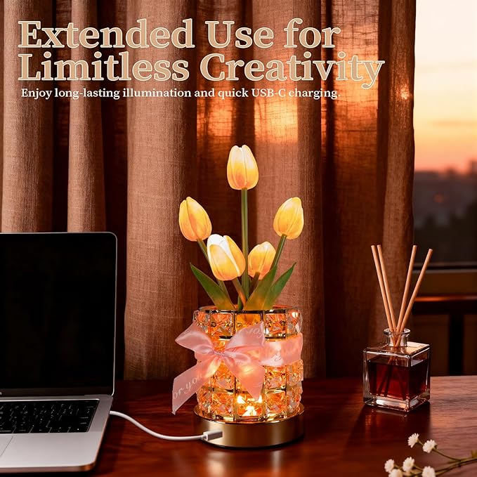 Magic Blooms for Every Moment USB Rechargeable Remote-Controlled Tulip Crystal Lamp, 12 Color Changing, 4 Flash Modes, Perfect for Home Decor, Gifts for Mom, Wife, Girlfriend, and Sister