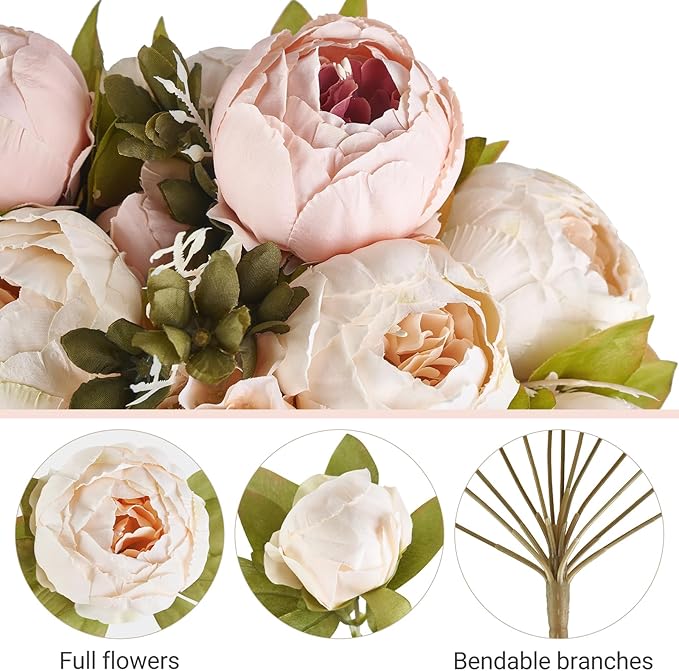 Mkono Peonies Artificial Flowers, 2 Packs 13 Stems Faux Peony Flowers Real Touch Fake Silk Bouquet for Arrangements Dining Table Centerpieces for Kitchen Bridal Wedding Party (2, Light Pink)