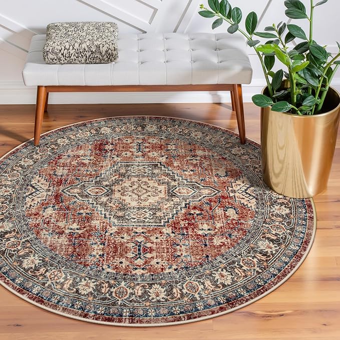 Lahome Oriental Washable Round Rugs, Non-Slip Round Rug 4ft Ultra-Thin, Vintage Soft Small Circle Carpet for Entryway Kitchen Bedroom Nursery Bathroom, Brick Red