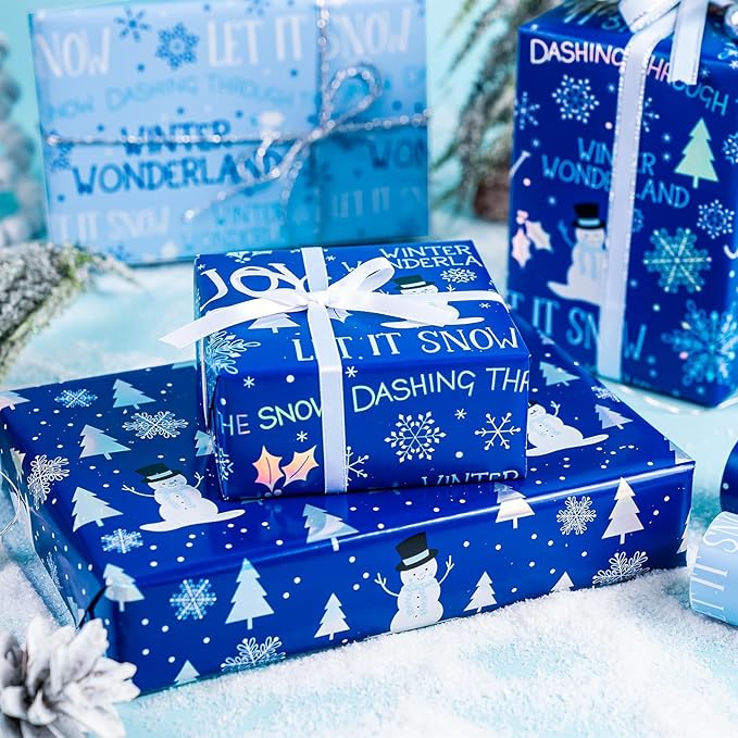 WRAPAHOLIC Christmas Wrapping Paper Roll - Mini Roll - 3 Rolls - 17 Inch x 120 Inch Per Roll - Blue and White Winter Wondland, Snowflake, Snowman Holiday Collection with Metallic Foil Shine